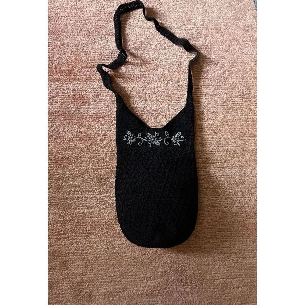 Black Crochet Shoulder Bag with Floral Embroidery